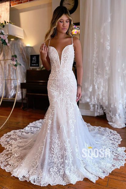 Attractive V-Neck Illusion Lace Appliques Mermaid Wedding Dress QW2395