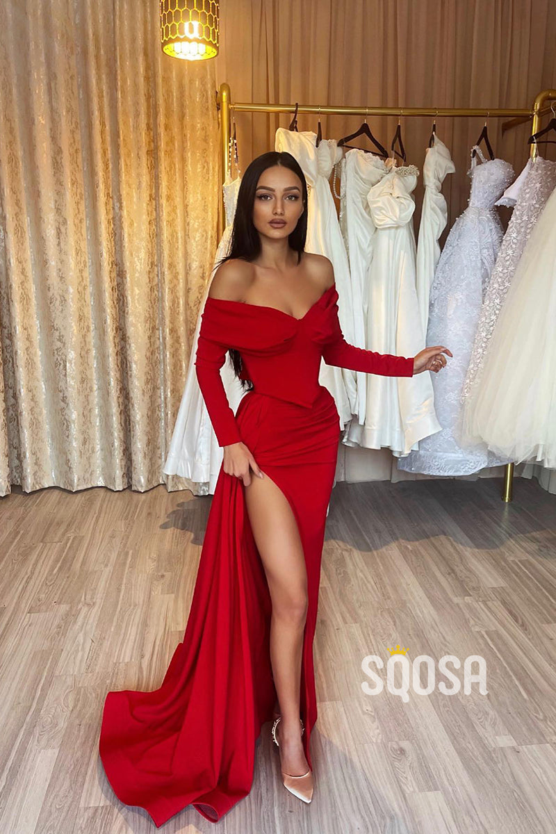 Off the Shoulder Long Sleeves Red Formal Evening Gowns with Slit QP2177