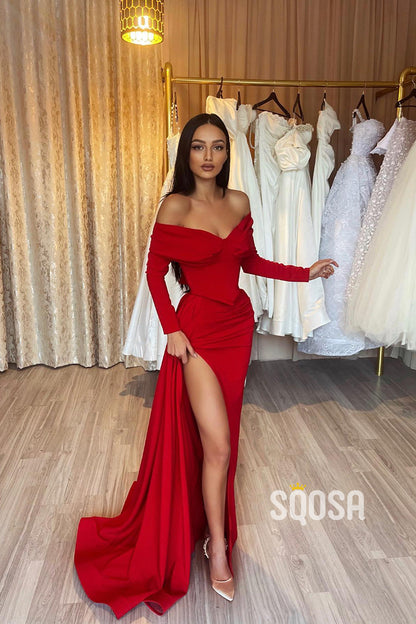 Off the Shoulder Long Sleeves Red Formal Evening Gowns with Slit QP2177