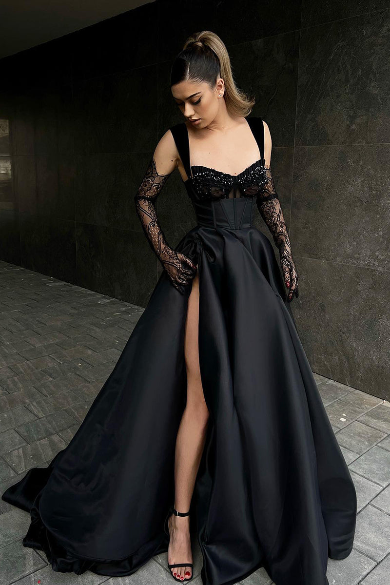 A Line Double Straples Side Slit Black Long Prom Formal Dress QP1401