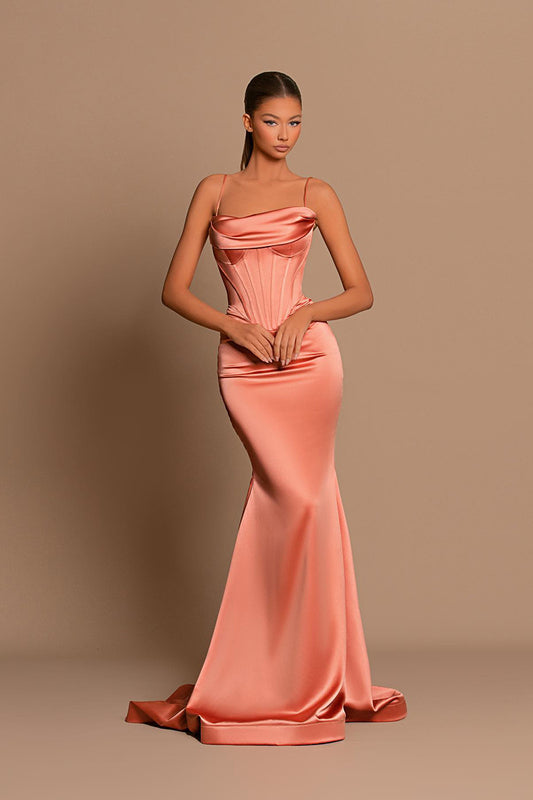 Spaghetti Straps Scoop Pleated Long Mermaid Prom Formal Dress QP1017