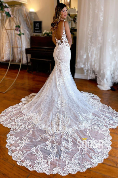 Attractive V-Neck Illusion Lace Appliques Mermaid Wedding Dress QW2395