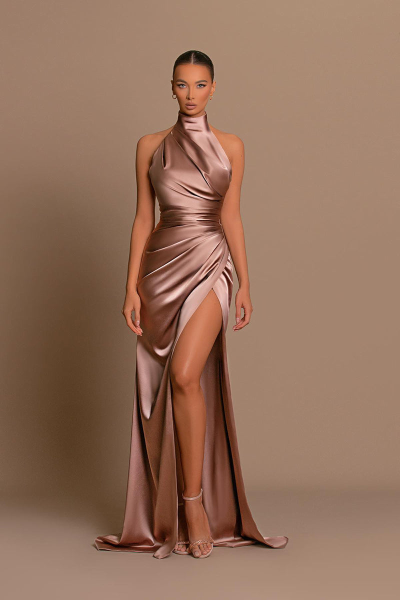 Unique High Neckline Pleats High Split Long Prom Formal Dress QP0968