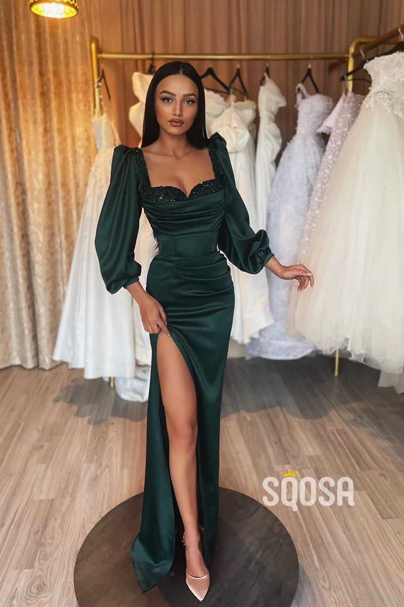 Sheath Sweetheart Long Sleeves Long Formal Evening Gowns with Slit QP2977