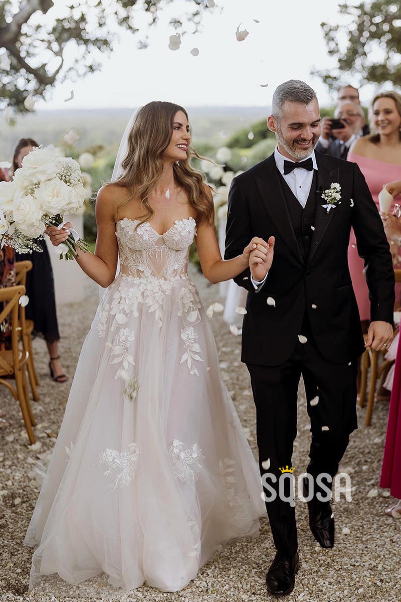 A line Sweetheart Lace Appliques Bohemian Wedding Dress Bridal Gown QW2267