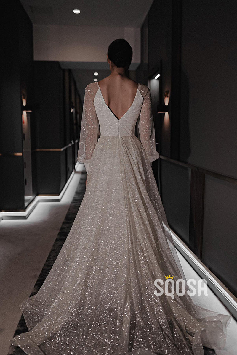 A Line Attractive V-Neck Long Sleeves Bohemian Wedding Dress Glitter QW2207