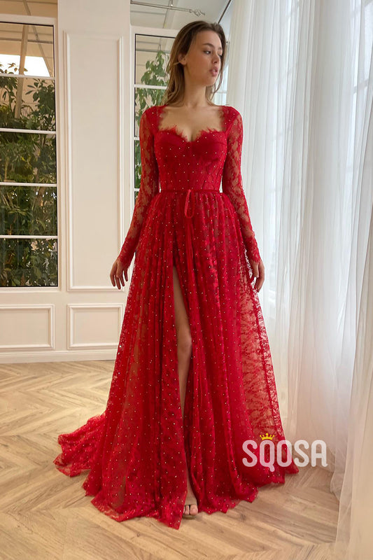 A-line Sweetheart Long Sleeves Red Lace Long Prom Dress QP2215