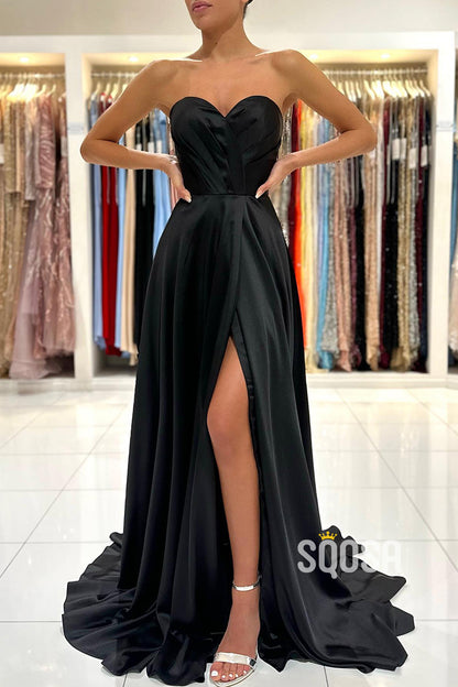 Aline Sweetheart Pleats Side Slit Black Long Formal Evening Gowns QP2212