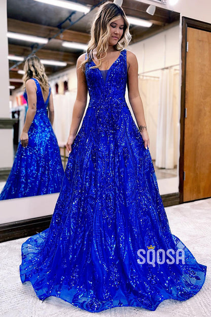 A-line V-Neck Sequins Appliques Sparkly Prom Dress QP2214