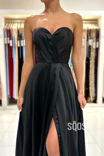 Aline Sweetheart Pleats Side Slit Black Long Formal Evening Gowns QP2212