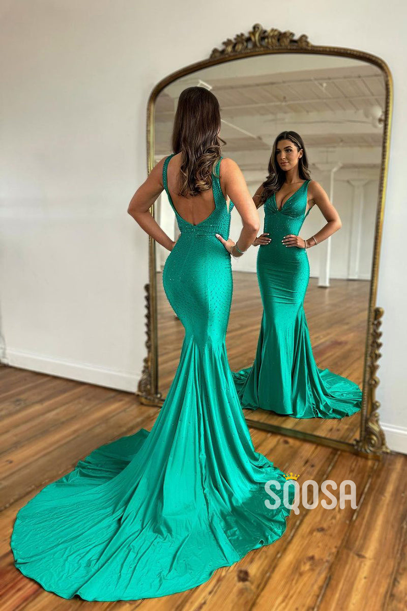 Sexy V Neck Beads Mermaid Prom Dress for Women QP2496