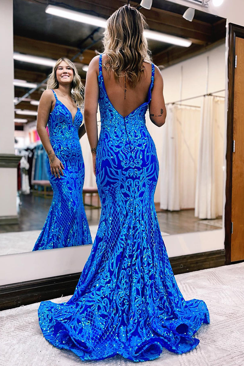 Plunging V-Neck Sequins Appliques Mermaid Prom Dress Long QP0913