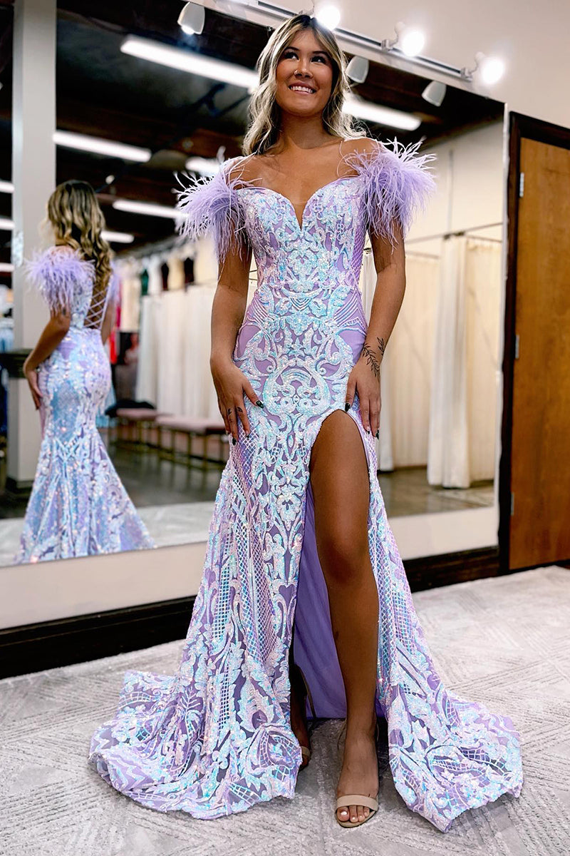 Sexy V-Neck Sequins Appliques Feathers Mermaid Long Prom Dress with Slit QP0927