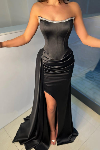 Strapless Satin Pleated Side Slit Black Formal Evening Gown QP1374