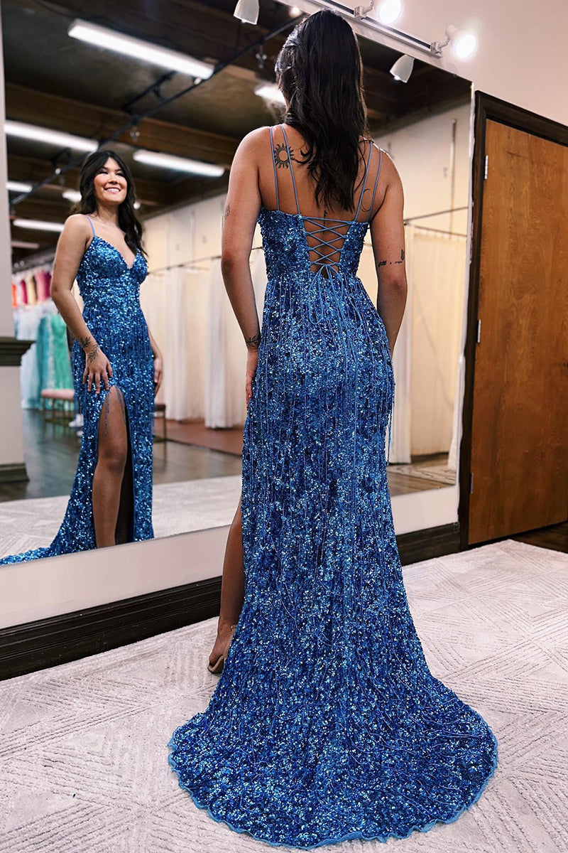 Sexy V-Neck Sequins Beas Sparkly Prom Dress with Slit QP0892