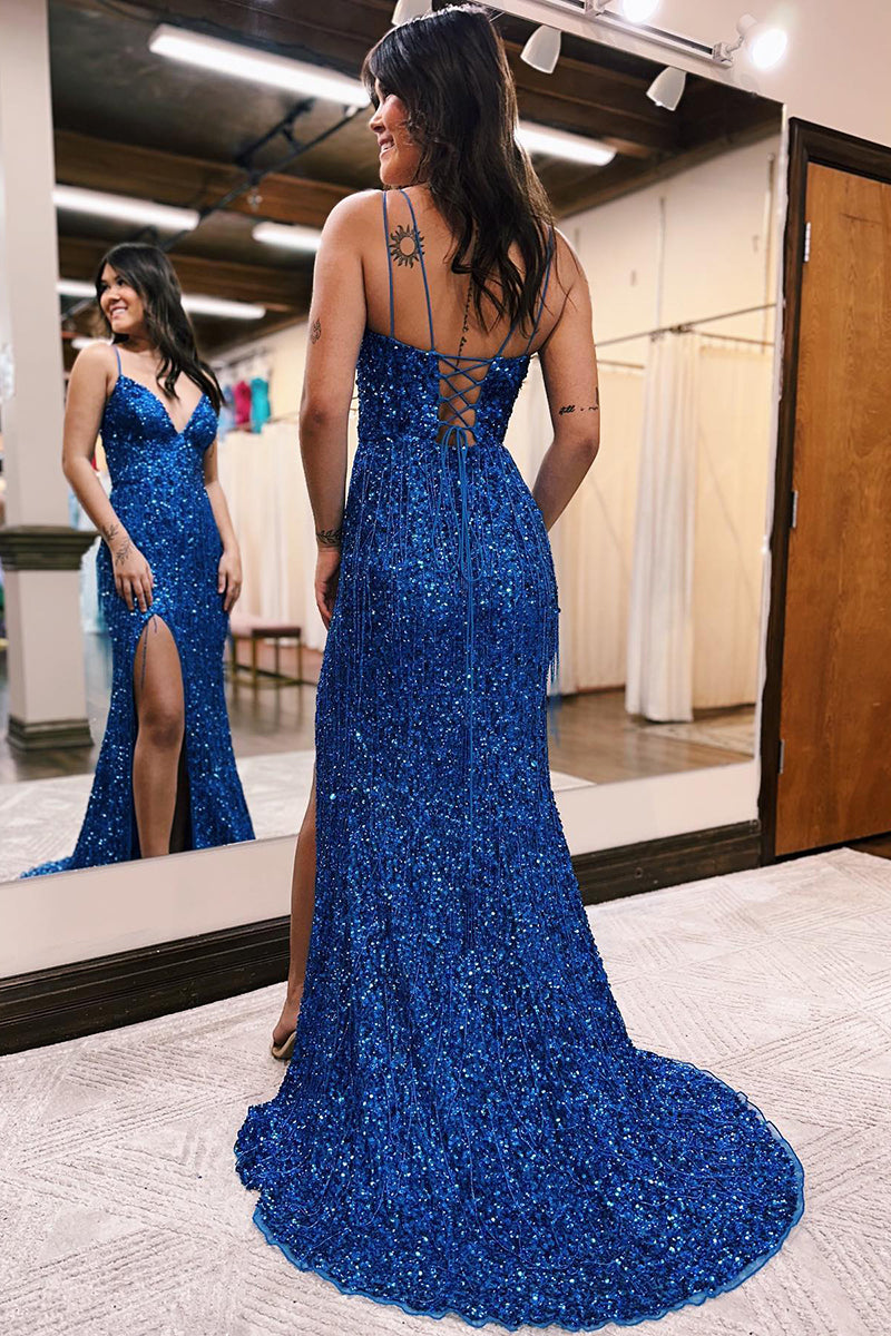 Sexy V-Neck Sequins Beas Sparkly Prom Dress with Slit QP0892
