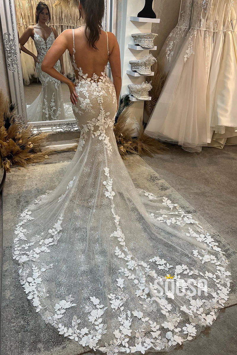 Spaghetti Straps Lace Appliques Mermaid Wedding Dress QW2237