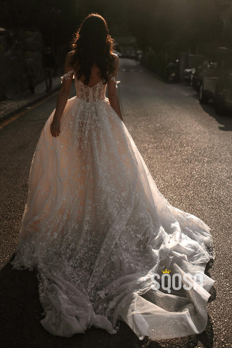 A Line Off the Shoulder Romantic Lace Wedding Dress Bridal Gown QW2272