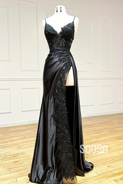 Spaghetti Straps Lace Appliques Side Slit Black Long Prom Dress QP2638