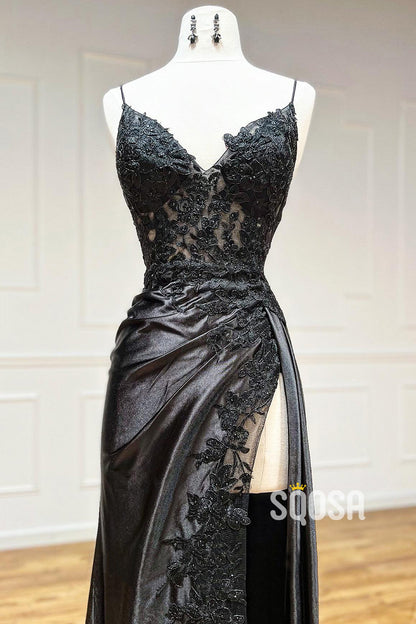 Spaghetti Straps Lace Appliques Side Slit Black Long Prom Dress QP2638
