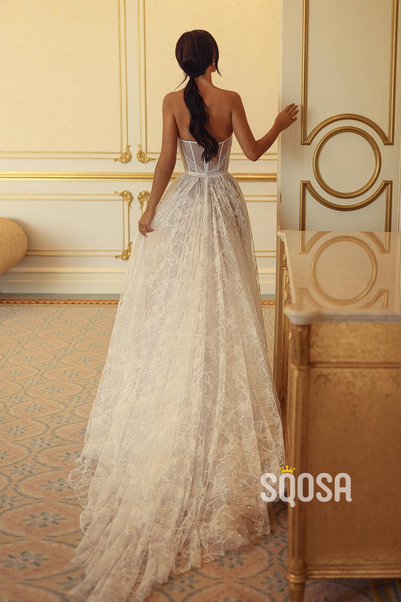 A Line Sweetheart Lace Bohemian Wedding Dress Bridal Gown QW2273