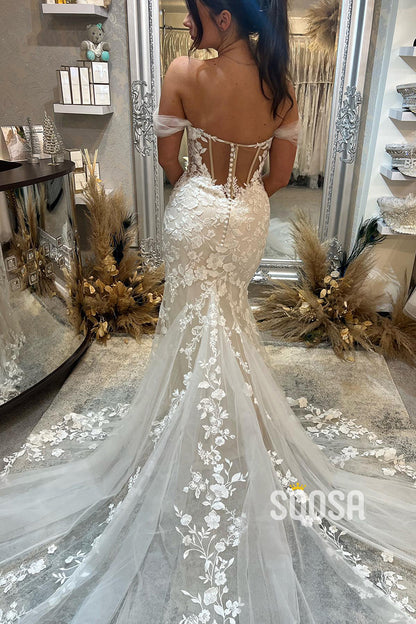 Chic Off The Shoulder Lace Appliques Mermaid Wedding Dress with Train QW2200