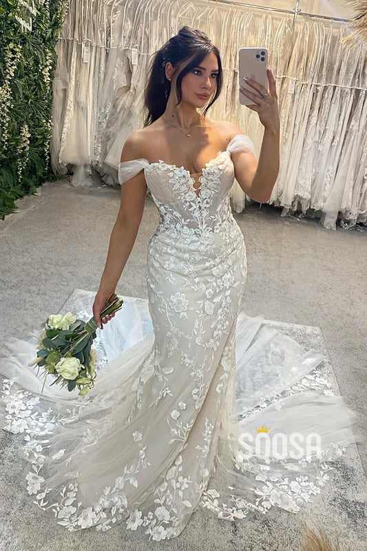 Chic Off The Shoulder Lace Appliques Mermaid Wedding Dress with Train QW2200