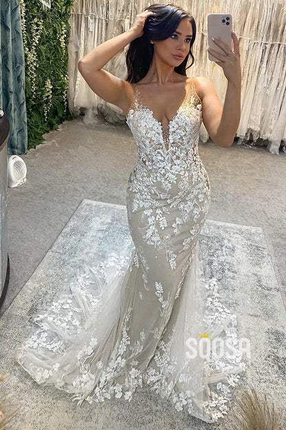 Allover Lace Wedding Dresses V-Neck Mermaid Bridal Gown QW2209
