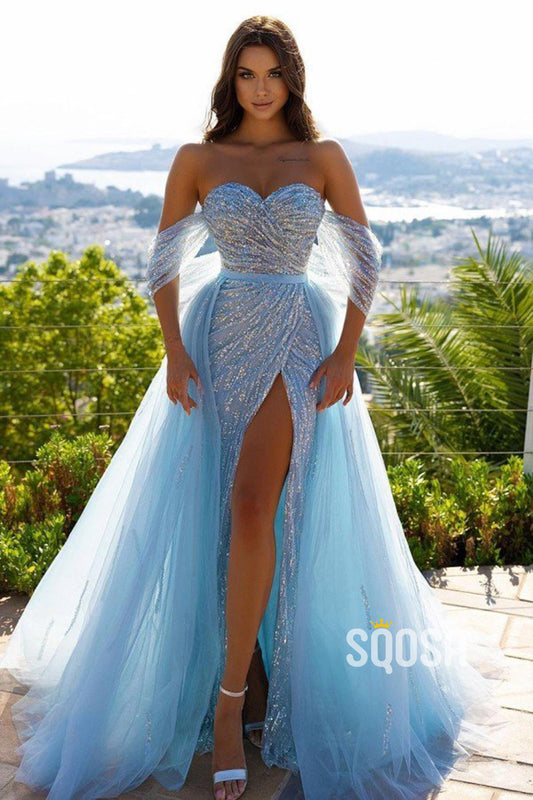 Off Shoulder Overskirt High Split Sparkly Prom Formal Gowns QP3058