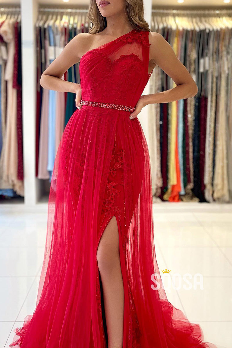 A Line One Shoulder Lace Appliques Red Long Prom Formal Gowns with Slit QP2934