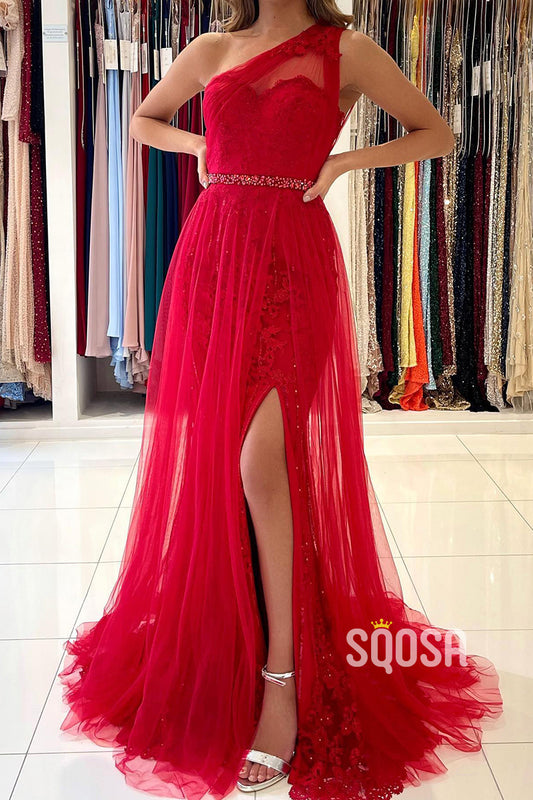 A Line One Shoulder Lace Appliques Red Long Prom Formal Gowns with Slit QP2934