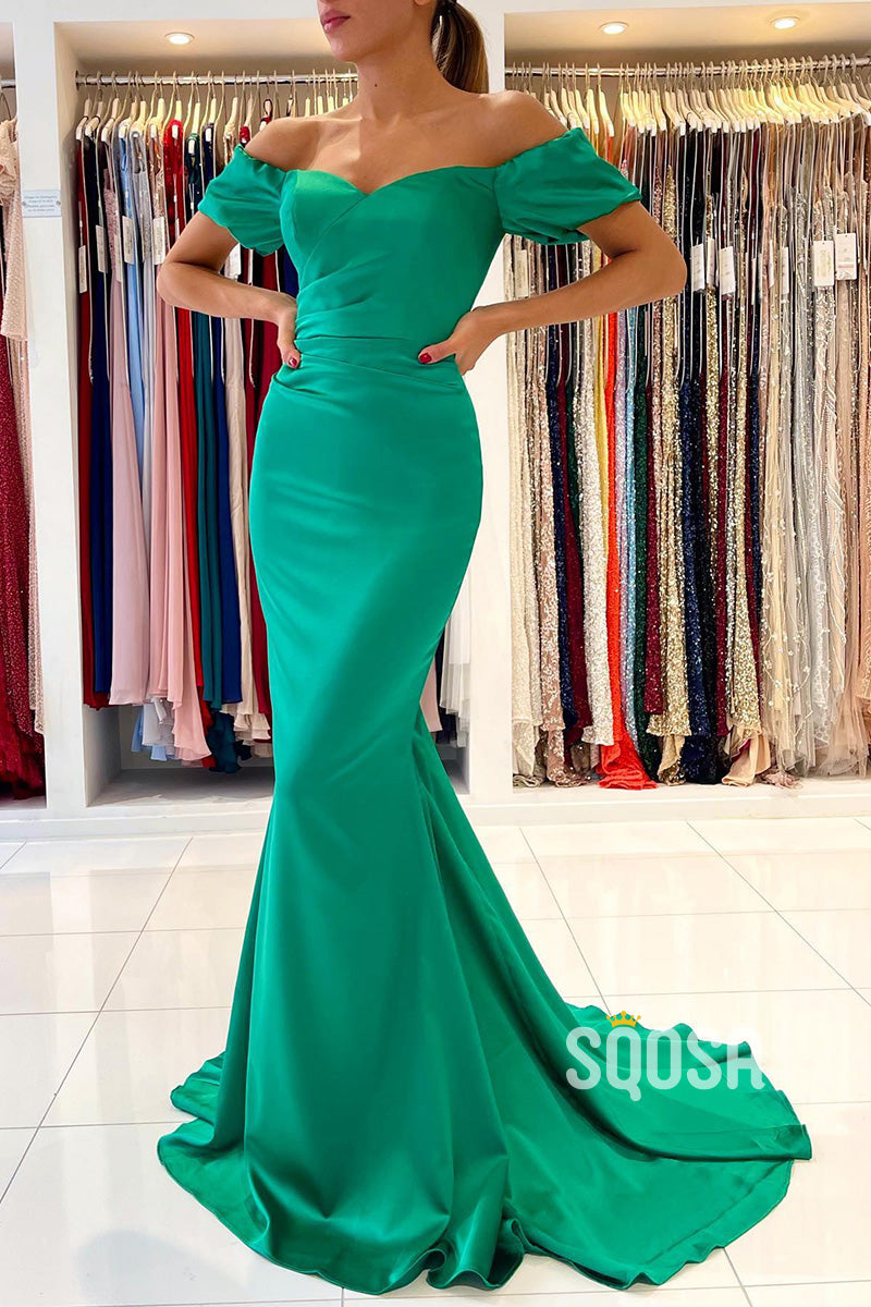 Sweetheart Pleats Short Sleeves Mermaid Prom Formal Gowns QP2921
