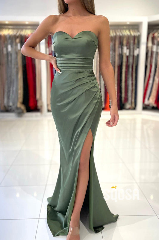 Sheath Sweetheart Pleats Long Prom Formal Gowns with Slit QP2927