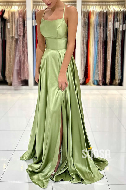 A-line Scoop Stretch Satin High Split Long Simple Prom Dress Formal Evening Gowns QP2279