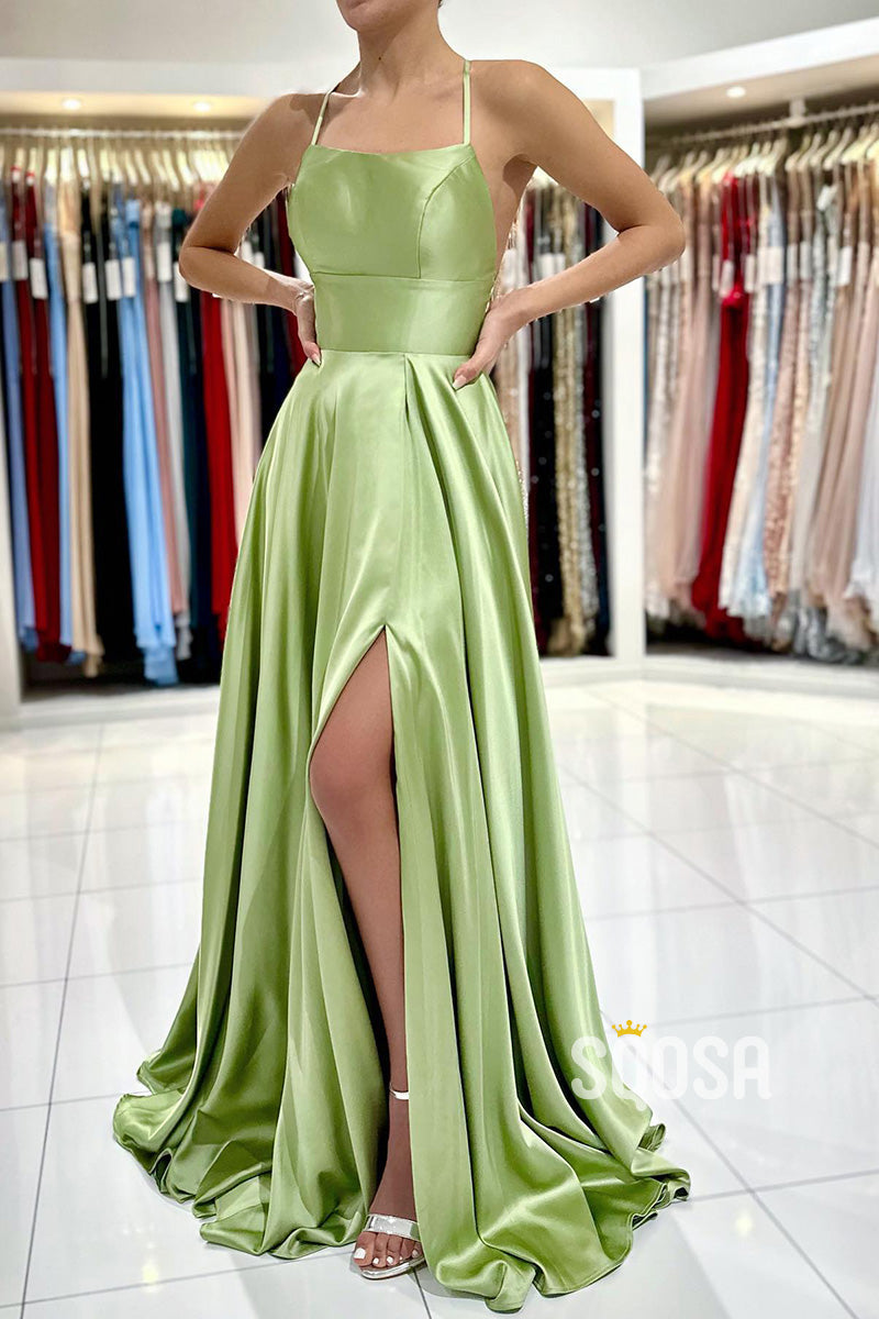 A-line Scoop Stretch Satin High Split Long Simple Prom Dress Formal Evening Gowns QP2279