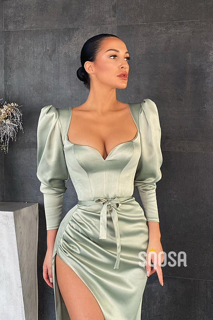 Sexy V-neck Pleats Side Slit Long Sleeves Formal Evening Gowns QP2123|SQOSA