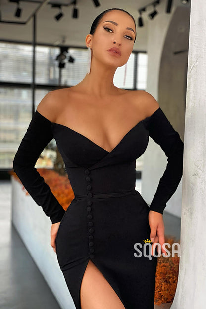 Plunging V-Neck Long Sleeves Sheath Black Formal Evening Gowns QP2139|SQOSA