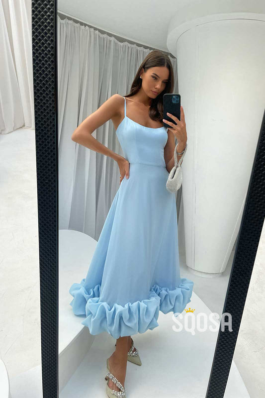 Spaghetti Straps Scoop Ruffles Long Formal Evening Gowns QP2423