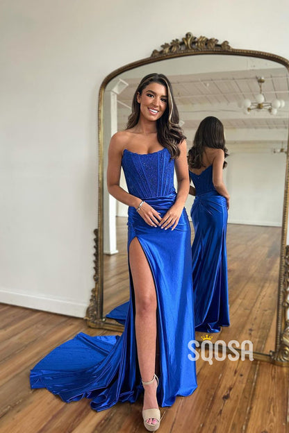 Sheath Straps Lace Appliques Side Slit Long Prom Dress QP2486
