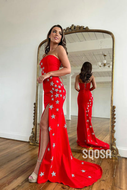 Sheath Strapless Beads Side Split Red Long Prom Dress QP2480