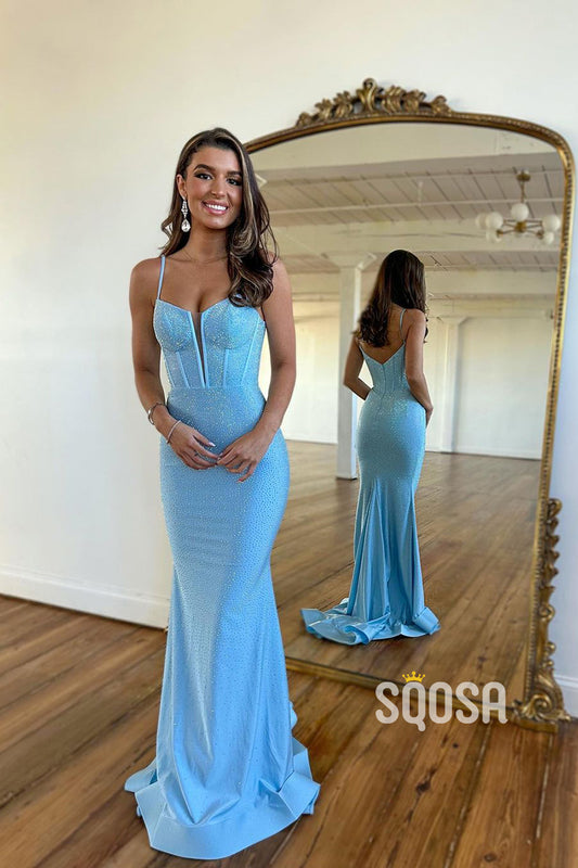 Attractive V Neck Beads Mermaid Sparkly Prom Dress QP2468