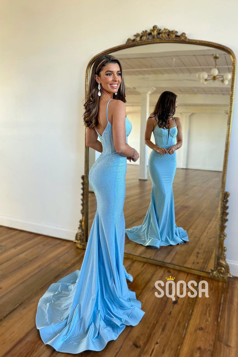 Attractive V Neck Beads Mermaid Sparkly Prom Dress QP2468