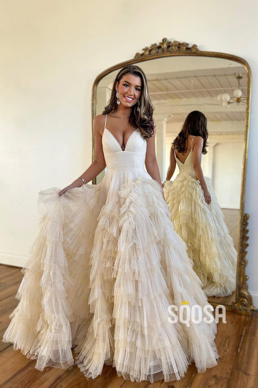 A Line V Neck Ruffles Tulle Sparkly Prom Dress QP2469