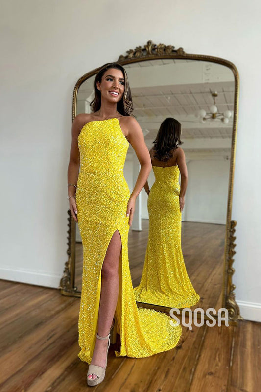 Detachable Straps Side Split Sequins Sparkly Prom Dress QP2454