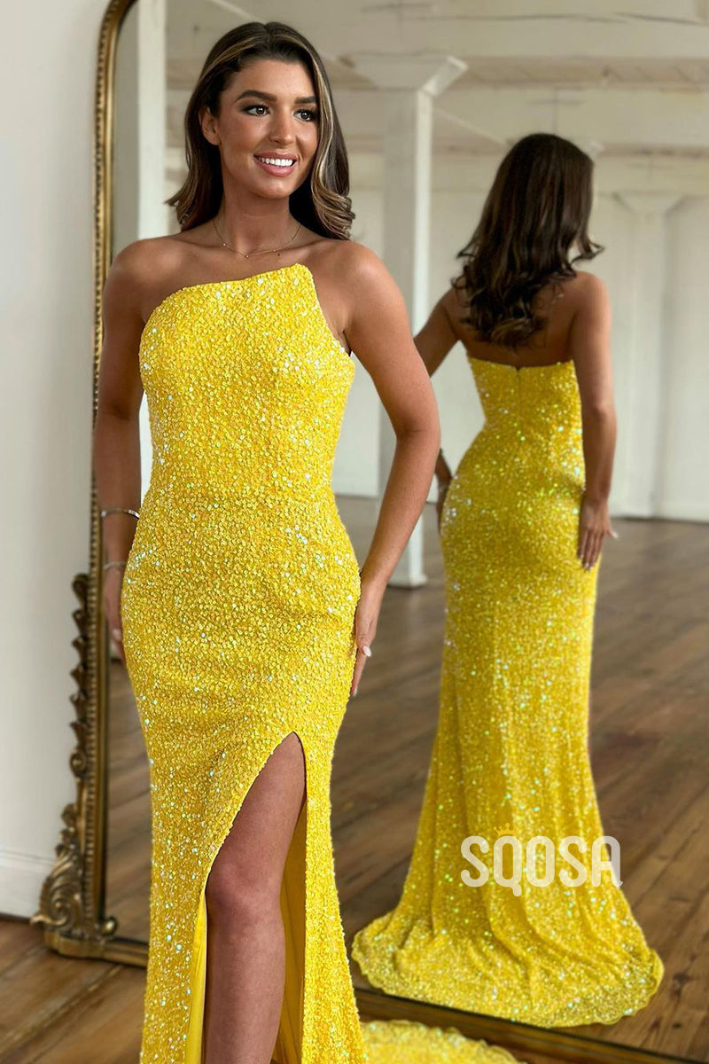 Detachable Straps Side Split Sequins Sparkly Prom Dress QP2454