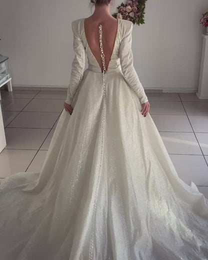A-line Attractive V-neck Long Sleeves Rustic Wedding Dress Glitter Bridal Gown QW2146