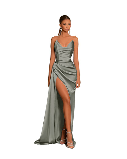 Sexy V-Neck Satin Pleated Sheath Long Prom Formal Dress with Slit Dusty Blue Bridesmaid Dress QP1030
