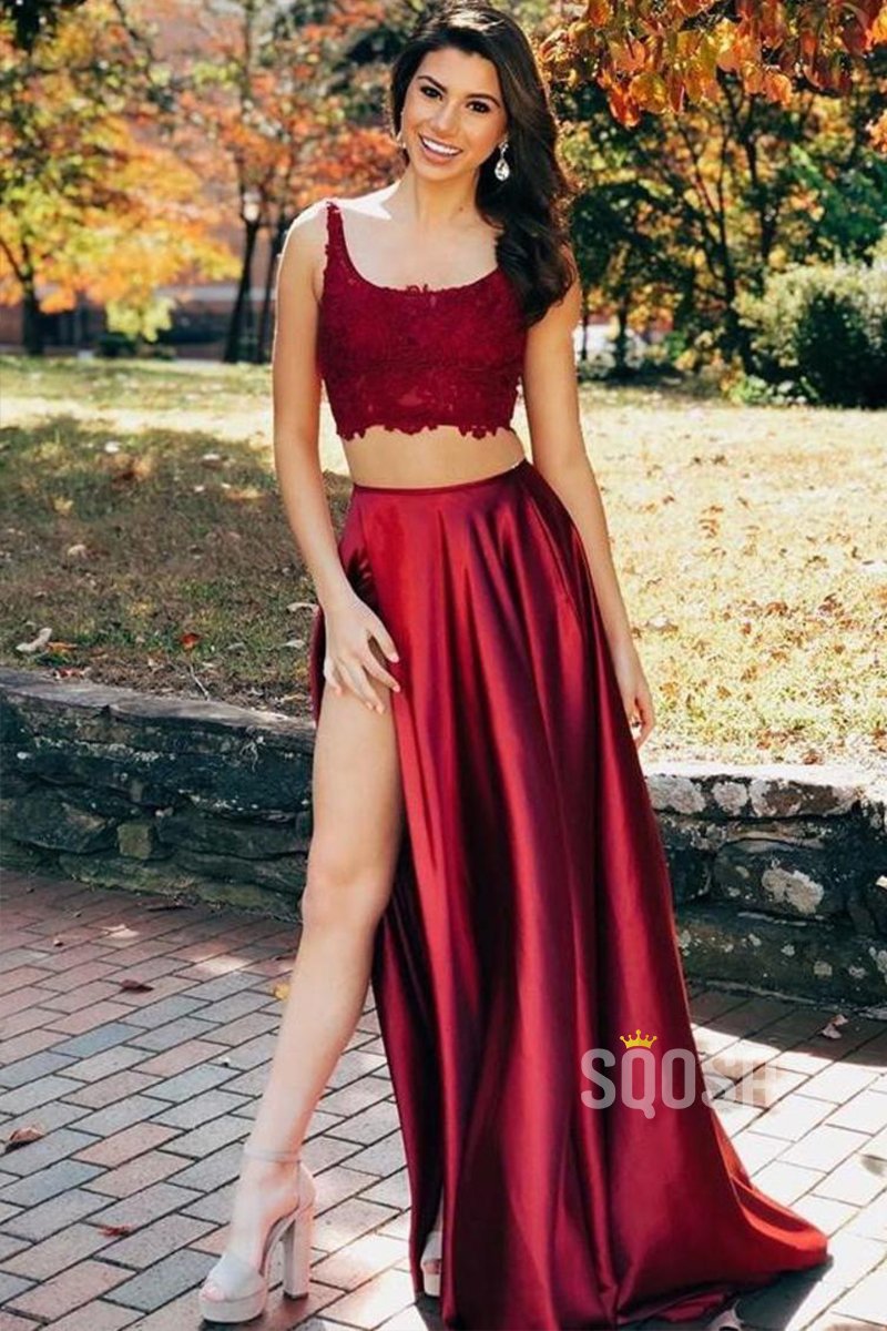 Double Straps Lace Top Burgundy Satin Two Piece Prom Dress QH0900|SQOSA