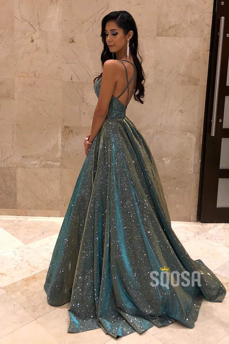 Spaghetti Straps V Neck A-Line Prom Dress Glitter Pargeant Dress QP0879|SQOSA