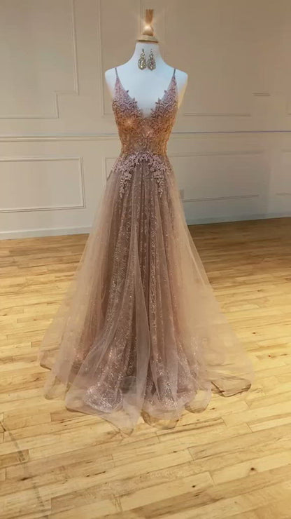 Modest Tulle V-neck A-Line Long Lace Prom Dress Formal Evening Gowns QP1136